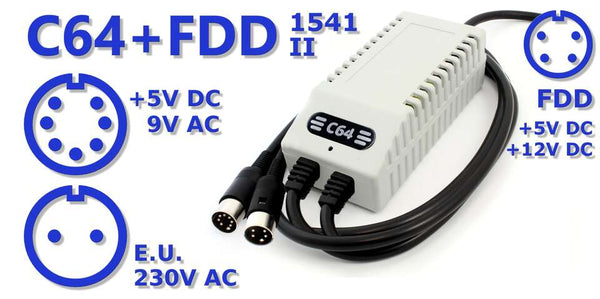 Dobbelt C64/VIC-20 + diskettedrev-strømforsyning