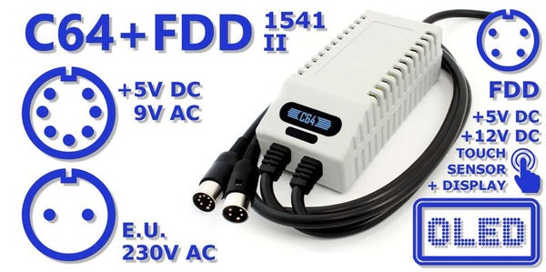 Dobbelt C64/VIC-20 + diskettedrev-strømforsyning med OLED-skærm