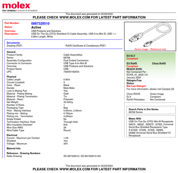 USB-kabel: A-han til Mini-B han (Molex mærkevare)